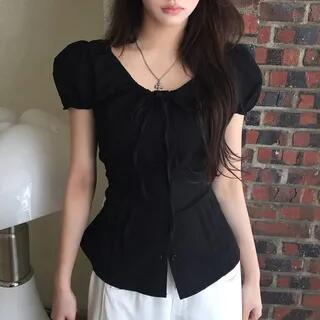 Short-Sleeve Scoop Neck Plain Pleated Blouse Black by MIKIGA