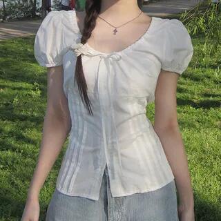 Short-Sleeve Scoop Neck Plain Pleated Blouse White by MIKIGA