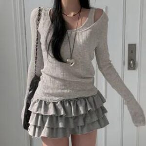 Set: Long-Sleeve Scoop Neck Plain Ribbed T-Shirt + Tank Top Black 283051465