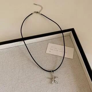 Pendant Cord Necklace Necklace - Silver Starfish Pendant - Thin - Black by Panda Dama