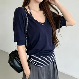 Set: Elbow-Sleeve V-Neck Plain T-Shirt + Striped Camisole Top Navy Blue & White by Cloud Nine