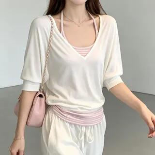 Set: Elbow-Sleeve V-Neck Plain T-Shirt + Striped Camisole Top White & Pink by Cloud Nine