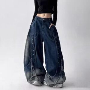 Mid Rise Studded Frayed Barrel Leg Baggy Jeans Blue 283084335