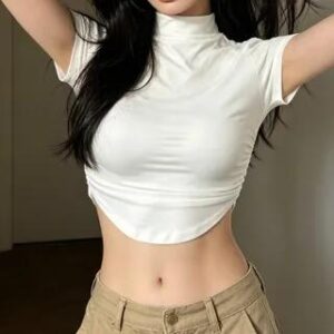 Short Sleeve Mock Neck Plain Ruched Crop Top White 283084371