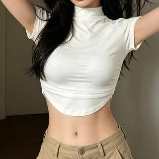 Short Sleeve Mock Neck Plain Ruched Crop Top White by Cloud Nine
