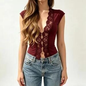Cap-Sleeve V-Neck Lace Panel Button-Up Plain Top Wine Red 283127563