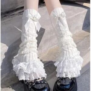 Plain Bow Ruffle Cable Knit Leg Warmers White 283176975