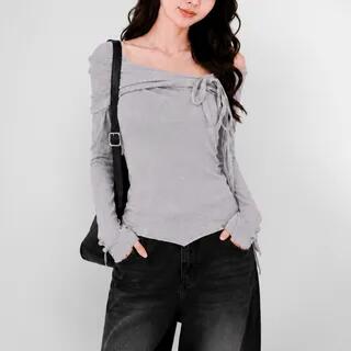 Long-Sleeve Square Neck Asymmetric Hem Ribbon Detail Ribbed Top Gray by SeoulPop