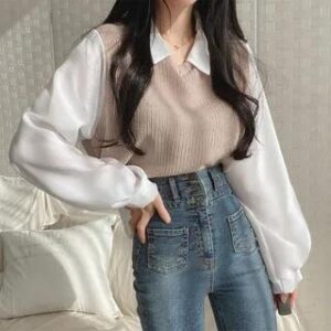 Mock Two-Piece Long-Sleeve Two Tone Ribbed Panel Blouse Almond 283204692