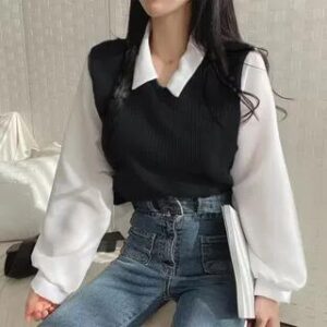 Mock Two-Piece Long-Sleeve Two Tone Ribbed Panel Blouse Black 283204694