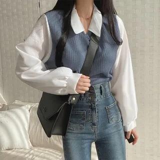 Mock Two-Piece Long-Sleeve Two Tone Ribbed Panel Blouse Blue by monroll