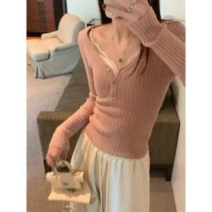 Long-Sleeve V-Neck Henley Plain Ribbed Knit Top / Padded Lace Camisole Top Long-Sleeve Top - Pink 283234274