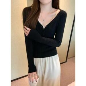 Long-Sleeve V-Neck Henley Plain Ribbed Knit Top / Padded Lace Camisole Top Long-Sleeve Top - Black 283234291