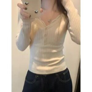 Long-Sleeve V-Neck Henley Plain Ribbed Knit Top / Padded Lace Camisole Top Long-Sleeve Top - Almond 283234292