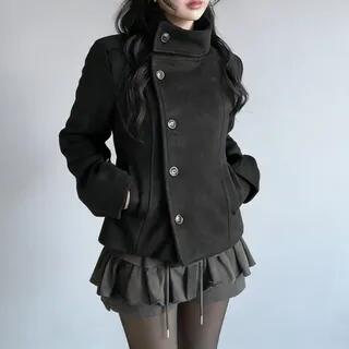 Stand Collar Plain Single Breasted Coat Black by Glotto