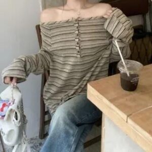 Long Sleeve Off Shoulder Henley Striped Top Stripes - Light Coffee 283448663