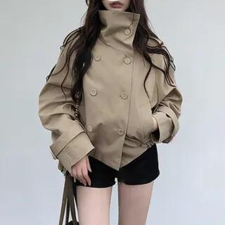 Stand Collar Double-Breasted Plain Crop Trench Jacket Khaki by Bolgivy