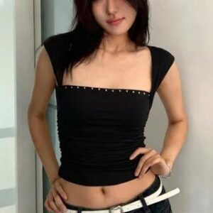 Square-Neck Studded Ruched Slim-Fit Tank Top Black 283459086