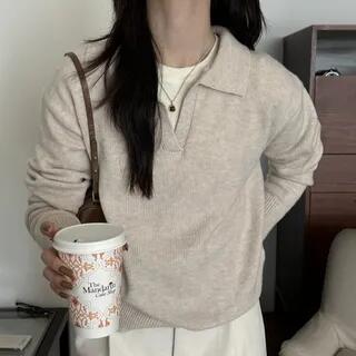 Plain Polo Sweater Oatmeal by MIKIGA