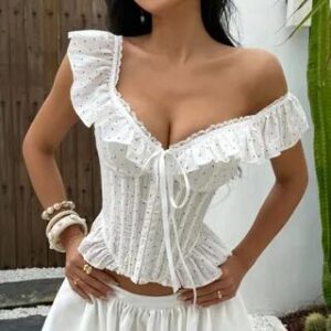 Short-Sleeve Off Shoulder Lace Trim Dotted Crop Corset Top White 283486848