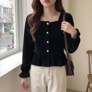 Square-Neck Plain Velvet Long-Sleeve Shirt Black | MIKIGA 283553273
