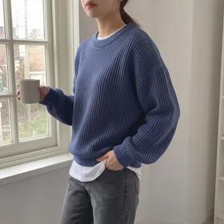 Round Neck Plain Oversized Sweater Navy Blue | MIKIGA by MIKIGA