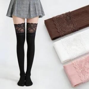 Lace Trim Over-the-Knee Socks Khaki 61279202