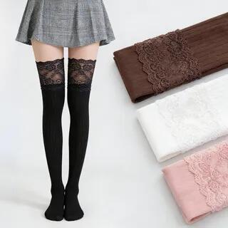 Lace Trim Over-the-Knee Socks Khaki by Lychee