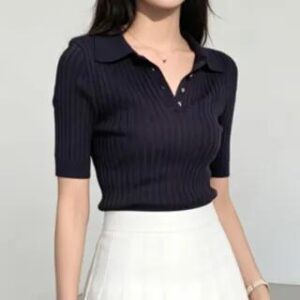 Rib-Knit Polo Shirt Navy Blue 61297901