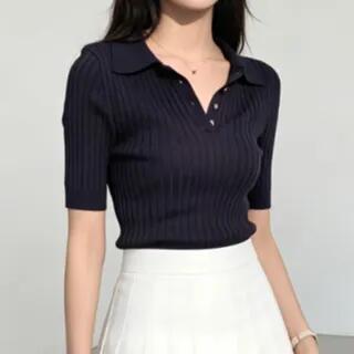 Rib-Knit Polo Shirt Navy Blue by Shopherd