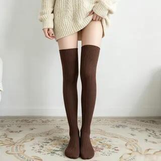 Plain Thigh-High Stockings Black by Lychee