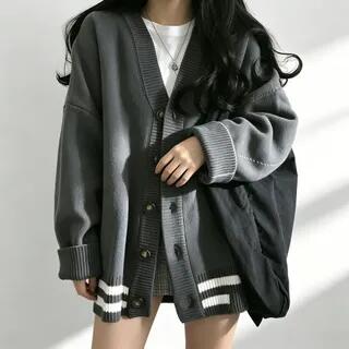Contrast-Trim Oversized Knit Cardigan Almond by Strawolf