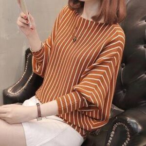 rust-orange and black stripe ribbed long-sleeve mock-neck top