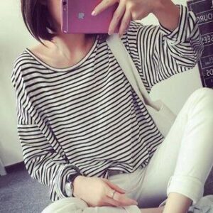 black and white striped relaxed long-sleeve tee
