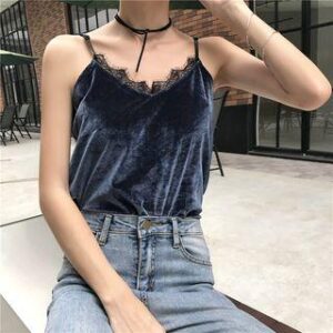V-Neck Velvet Camisole Top Black 83607557
