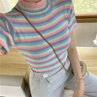 Rainbow Striped Mock-Neck Ribbed Knit Short-Sleeve T-Shirt As Figure by Alfie