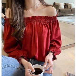 Long Sleeve Off-Shoulder Plain Blouse Red by Hevnir