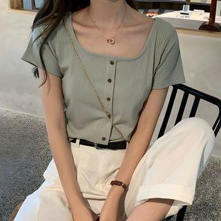 Square-Neck Short-Sleeve Button-Up Ribbed Top Green by Shinsei