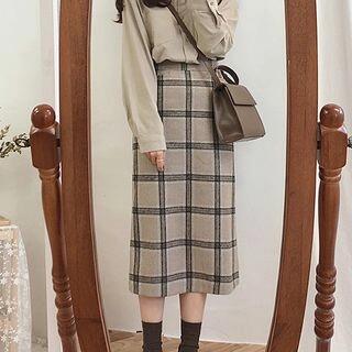 Straight Leg Midi Plaid Skirt Grey by Leoom