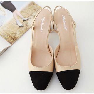 Faux Leather Two-Tone Slingback Block Heels Almond & Faux Leather by Niuna