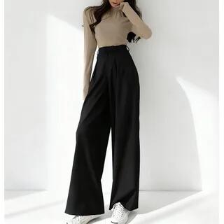 High Waist Plain Loose-Fit Wide-Leg Dress Pants Gray by Mikiko