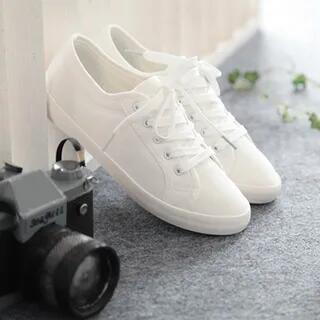 Canvas Lace-Up Sneakers White - 38 by Sleeko