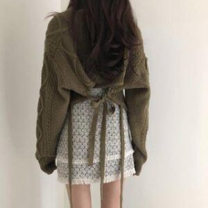 F - Tie-Back Cable Knit Cropped Sweater Army Green 91859182