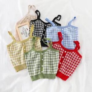 gingham check frill-trim cropped camisole tops in assorted colours