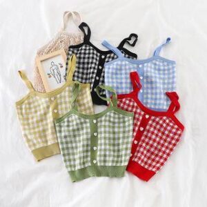 gingham check frill-trim cropped camisole tops in assorted colours