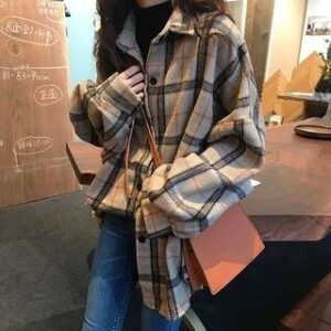 grey-brown plaid oversized shirt jacket