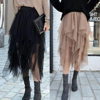 High Waist Layered Mesh Midi A-Line Skirt Gray by Juuri