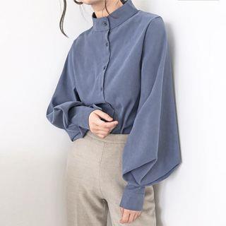 Mock-Neck Bishop-Sleeve Shirt Khaki by Melon Juice