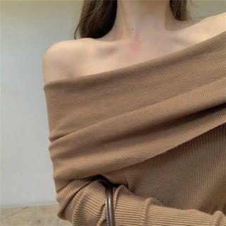 Plain Off-Shoulder Long-Sleeve Knit Top Black by Alfie