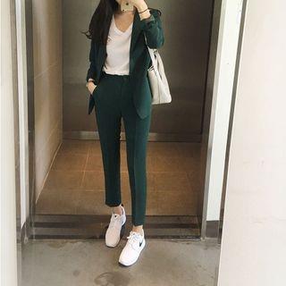 Set: Single Button Blazer + Cropped Dress Pants Dark Green by Mikiko